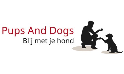 Logo Pups and Dogs. Hond die pootje geeft aan zittende man